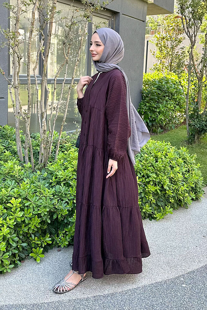 Nouva Piliseli Kırınkıl Elbise - Mürdüm - 7