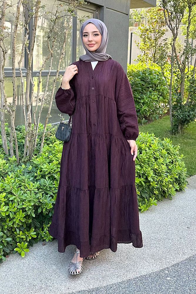 Nouva Piliseli Kırınkıl Elbise - Mürdüm - PUANE (1)