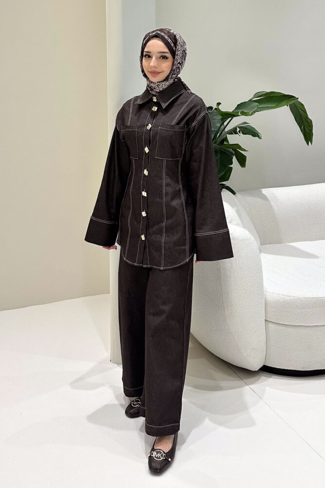 Nova Kot Pantolon Tunik Cepli Düğmeli Takım - Kahverengi - 6