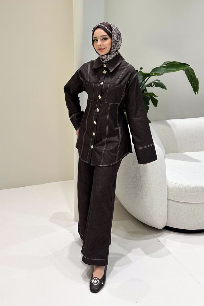 Nova Kot Pantolon Tunik Cepli Düğmeli Takım - Kahverengi - HEWES (0)