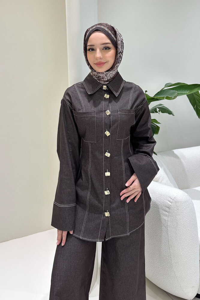 Nova Kot Pantolon Tunik Cepli Düğmeli Takım - Kahverengi - HEWES (1)