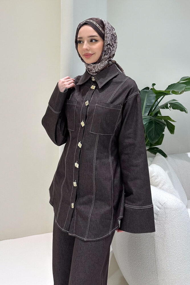 Nova Kot Pantolon Tunik Cepli Düğmeli Takım - Kahverengi - 5