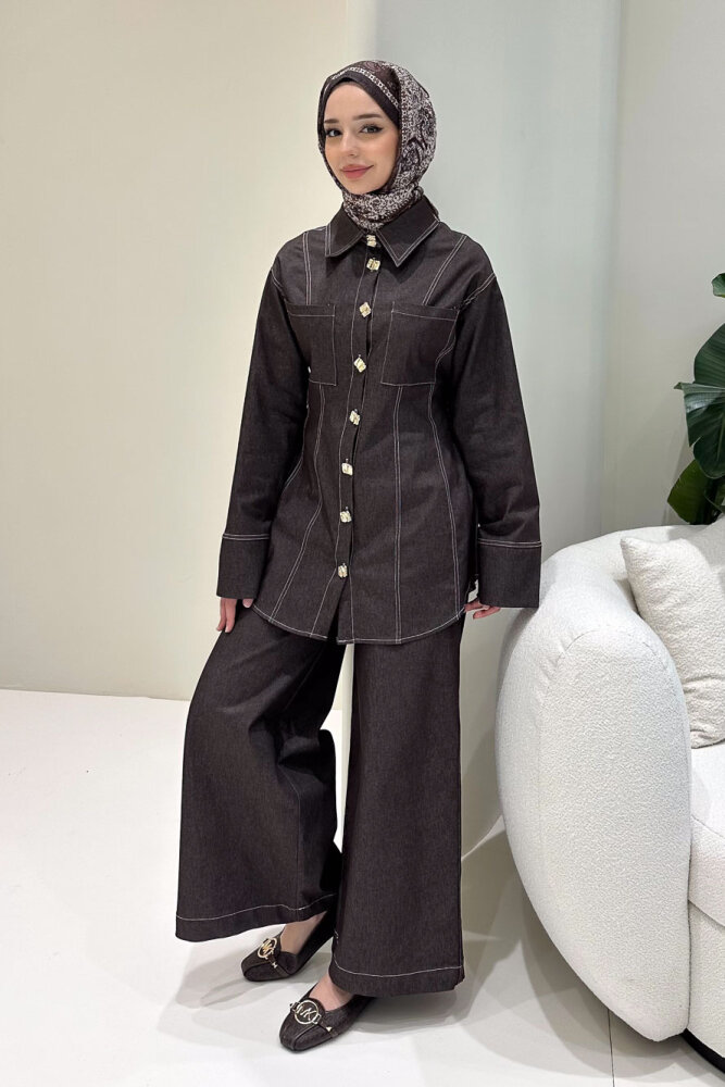 Nova Kot Pantolon Tunik Cepli Düğmeli Takım - Kahverengi - HEWES (3)