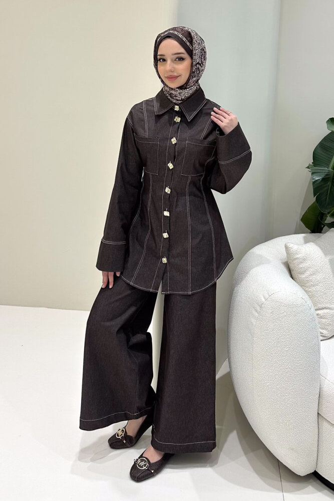 Nova Kot Pantolon Tunik Cepli Düğmeli Takım - Kahverengi - 8