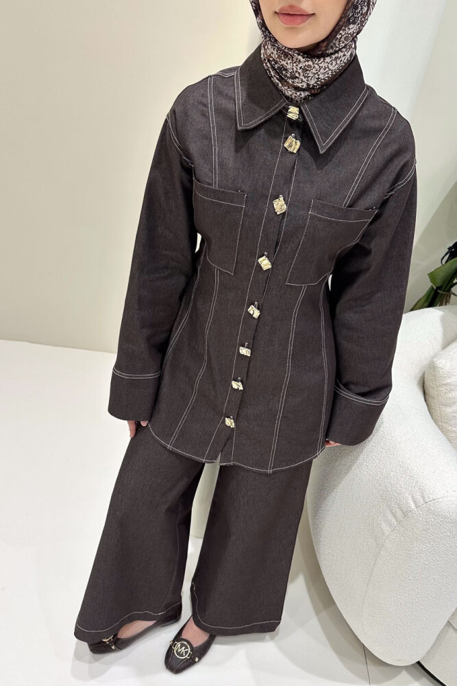 Nova Kot Pantolon Tunik Cepli Düğmeli Takım - Kahverengi - 7