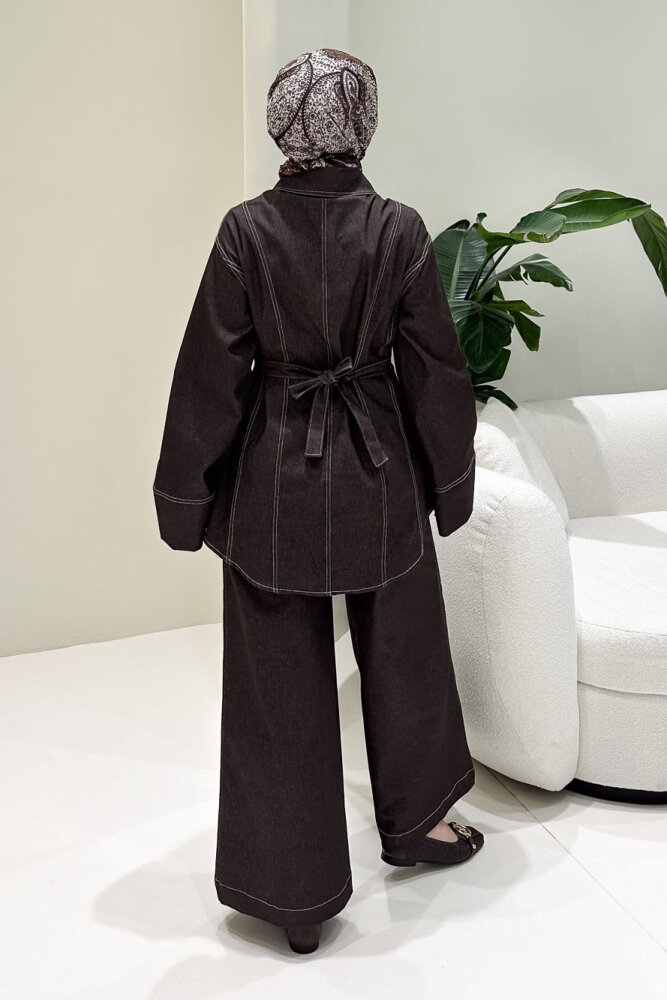 Nova Kot Pantolon Tunik Cepli Düğmeli Takım - Kahverengi - HEWES (2)