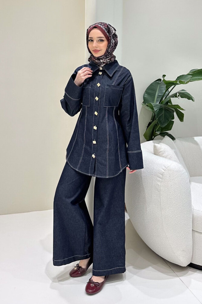 Nova Kot Pantolon Tunik Cepli Düğmeli Takım - Lacivert - 3