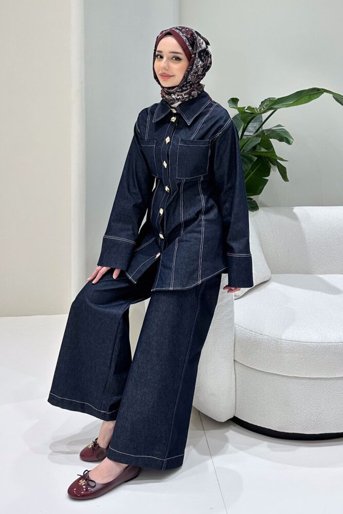Nova Kot Pantolon Tunik Cepli Düğmeli Takım - Lacivert - 1