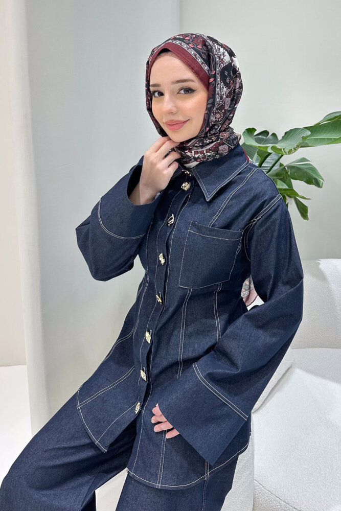 Nova Kot Pantolon Tunik Cepli Düğmeli Takım - Lacivert - HEWES (5)