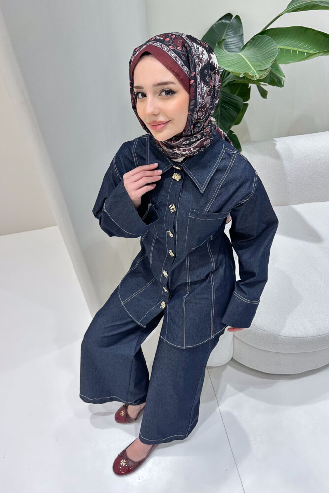 Nova Kot Pantolon Tunik Cepli Düğmeli Takım - Lacivert - 2