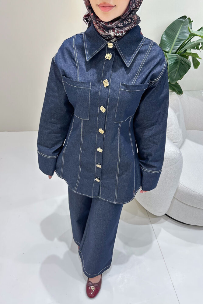 Nova Kot Pantolon Tunik Cepli Düğmeli Takım - Lacivert - 5