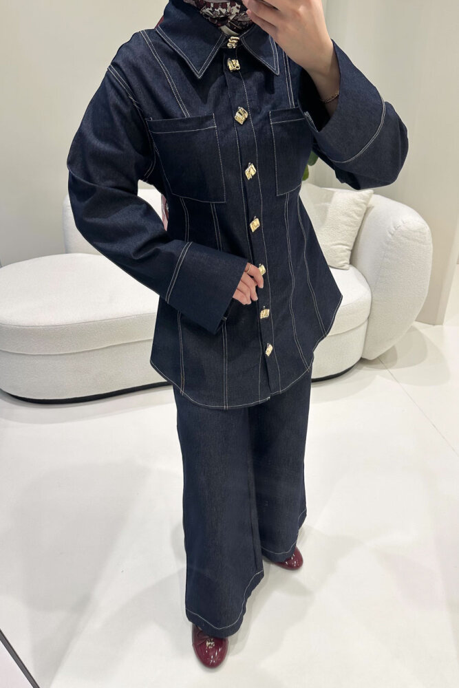 Nova Kot Pantolon Tunik Cepli Düğmeli Takım - Lacivert - 8