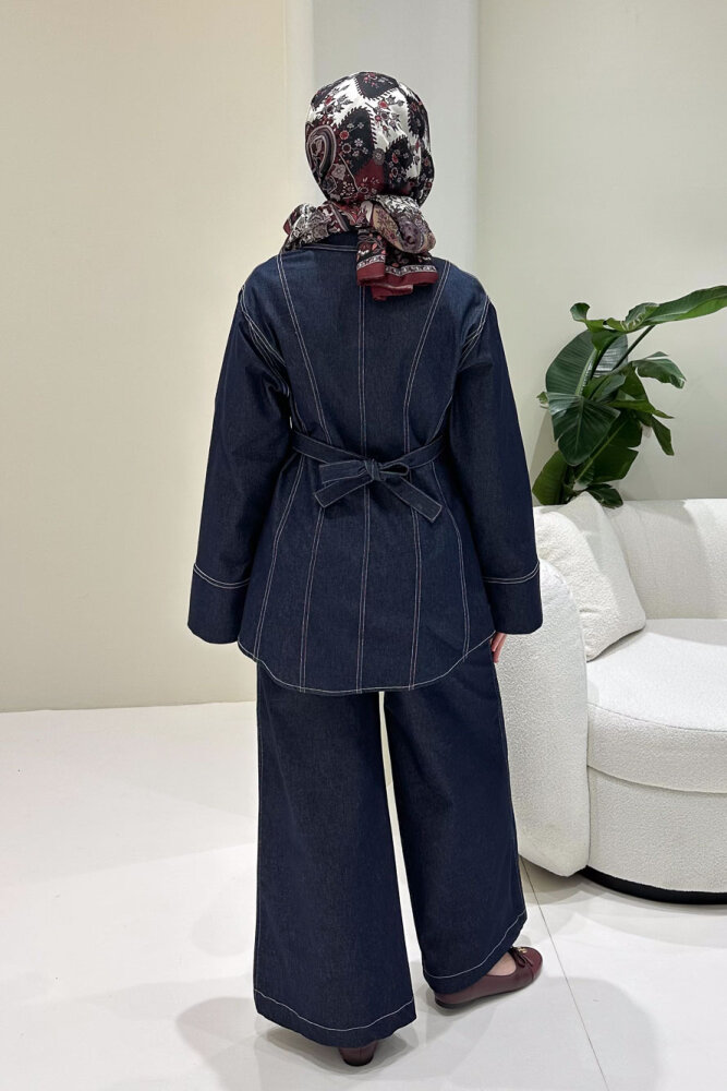 Nova Kot Pantolon Tunik Cepli Düğmeli Takım - Lacivert - 7