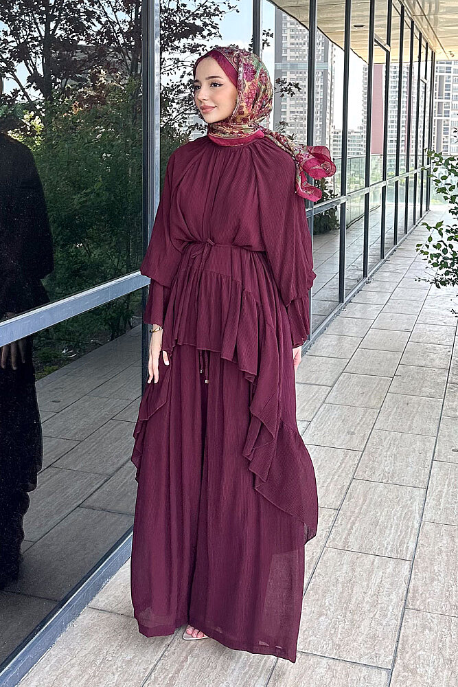 Nox Fırfır Detaylı Pantolon Takım - Bordo - HEWES (2)