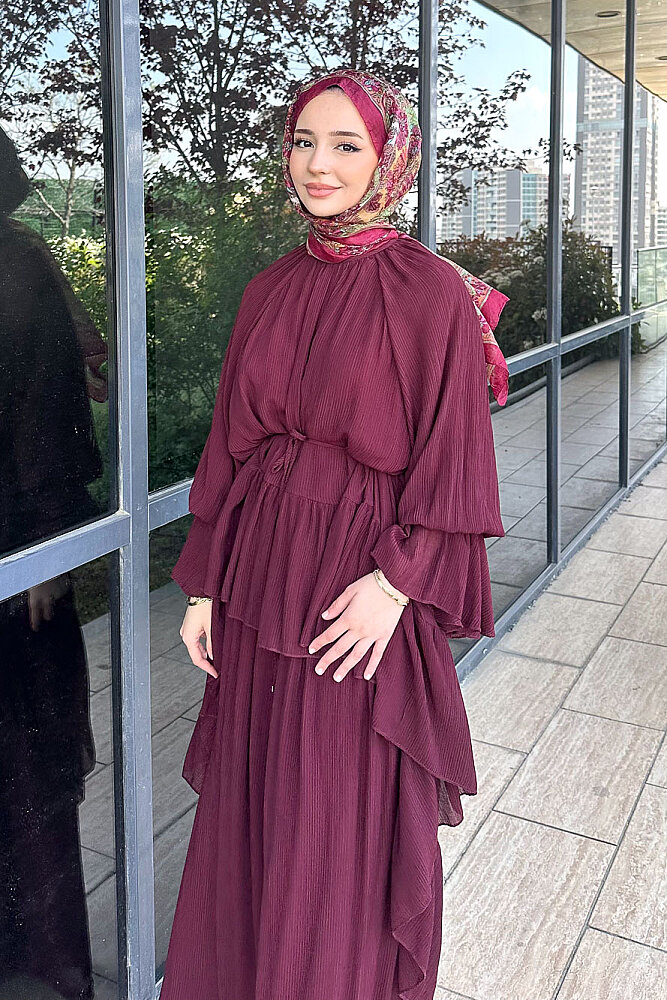 Nox Fırfır Detaylı Pantolon Takım - Bordo - 6