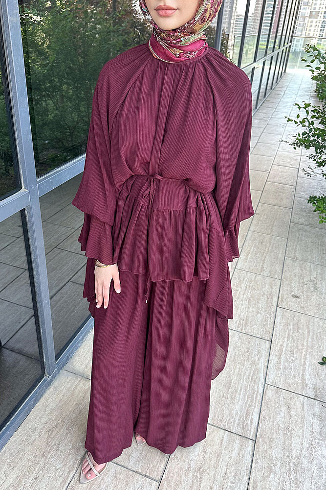 Nox Fırfır Detaylı Pantolon Takım - Bordo - HEWES (3)