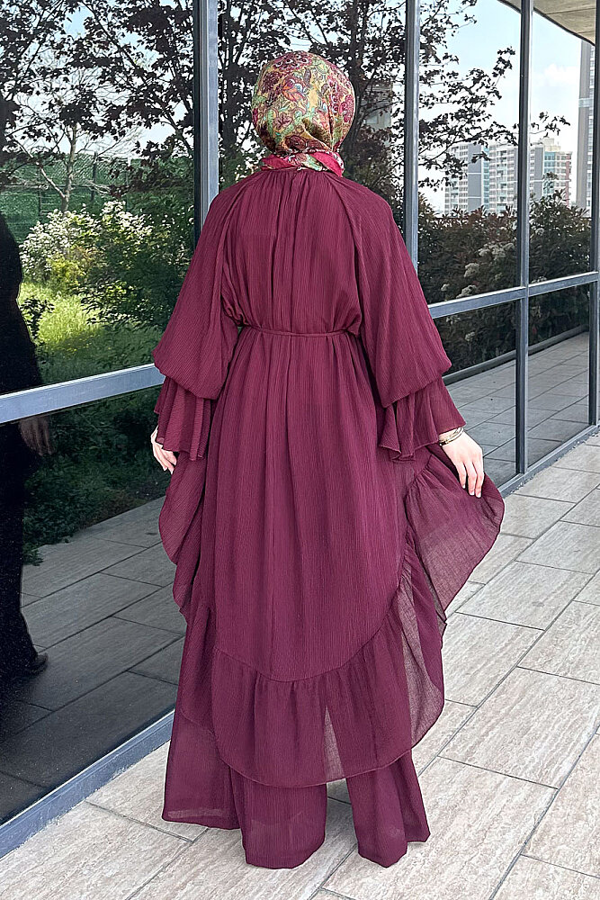 Nox Fırfır Detaylı Pantolon Takım - Bordo - 2
