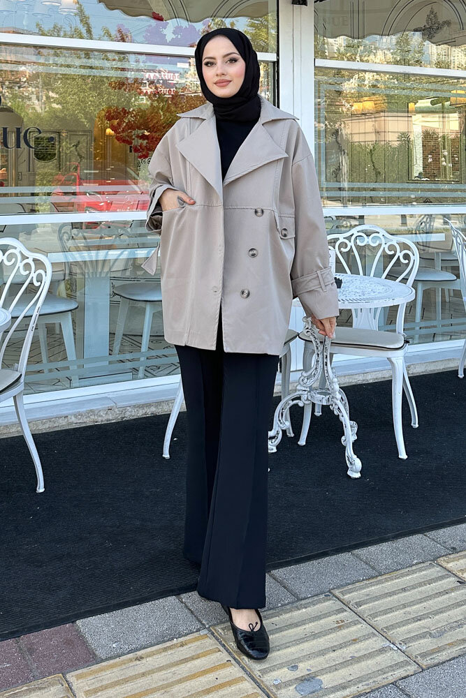 Nox Kolu Kemerli Kısa Trençkot - Taş Rengi - 3
