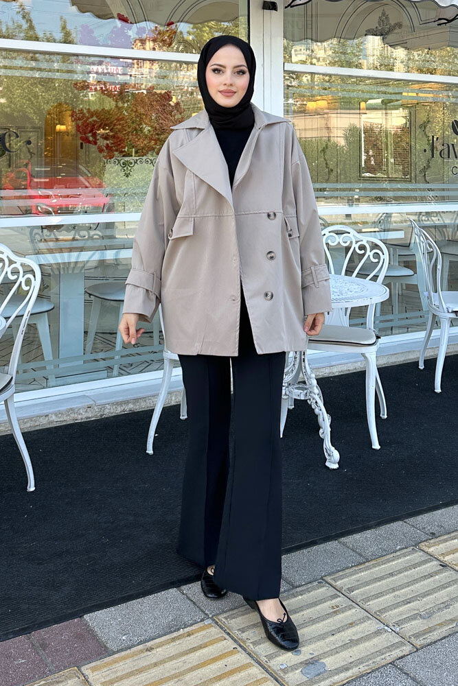 Nox Kolu Kemerli Kısa Trençkot - Taş Rengi - LİNE (4)