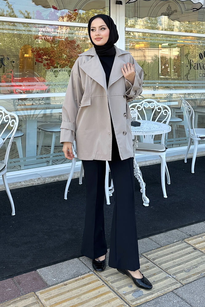 Nox Kolu Kemerli Kısa Trençkot - Taş Rengi - 7