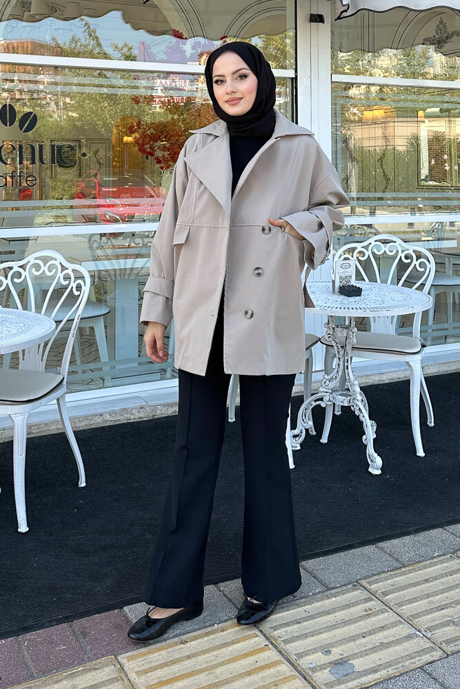 Nox Kolu Kemerli Kısa Trençkot - Taş Rengi 