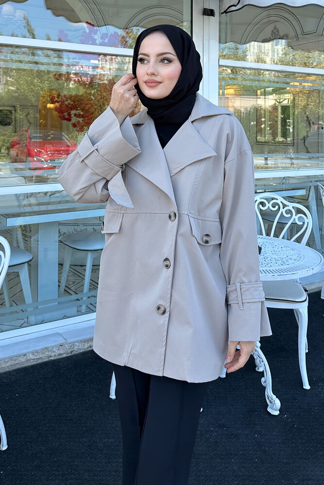 Nox Kolu Kemerli Kısa Trençkot - Taş Rengi - 8