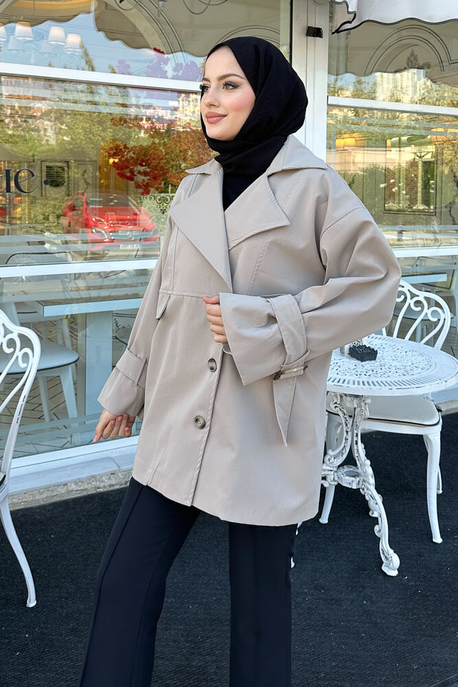 Nox Kolu Kemerli Kısa Trençkot - Taş Rengi - LİNE (5)