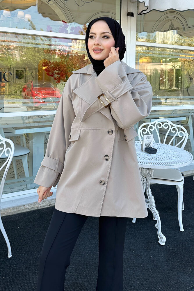 Nox Kolu Kemerli Kısa Trençkot - Taş Rengi - LİNE (1)