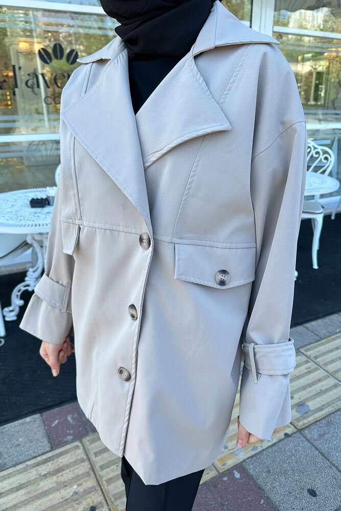 Nox Kolu Kemerli Kısa Trençkot - Taş Rengi - LİNE (3)