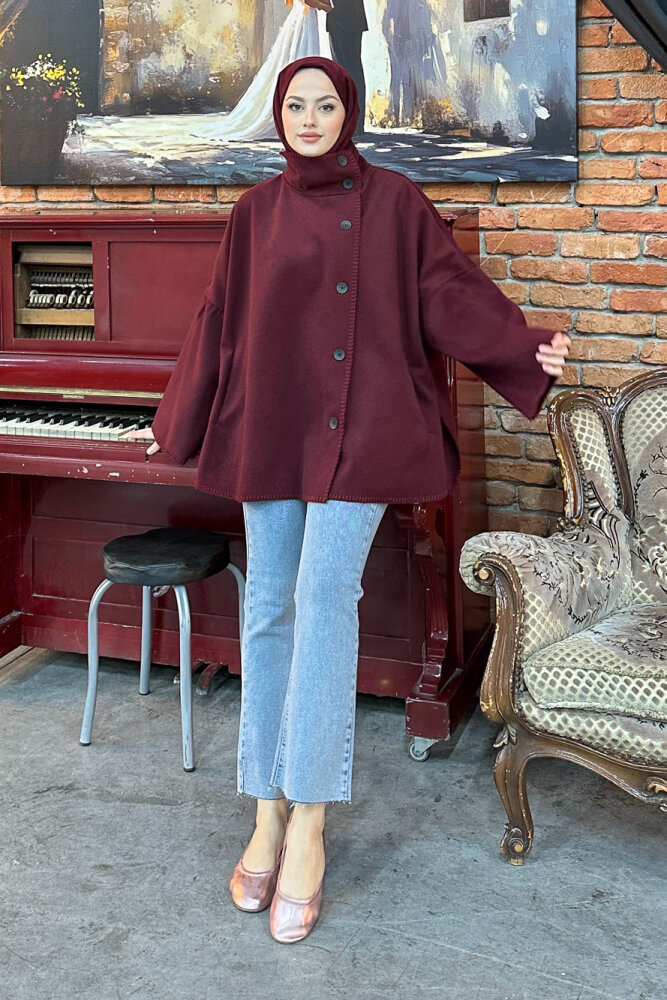 Nua Düğmeli Yırtmaçlı Kısa Kaban - Bordo - 1
