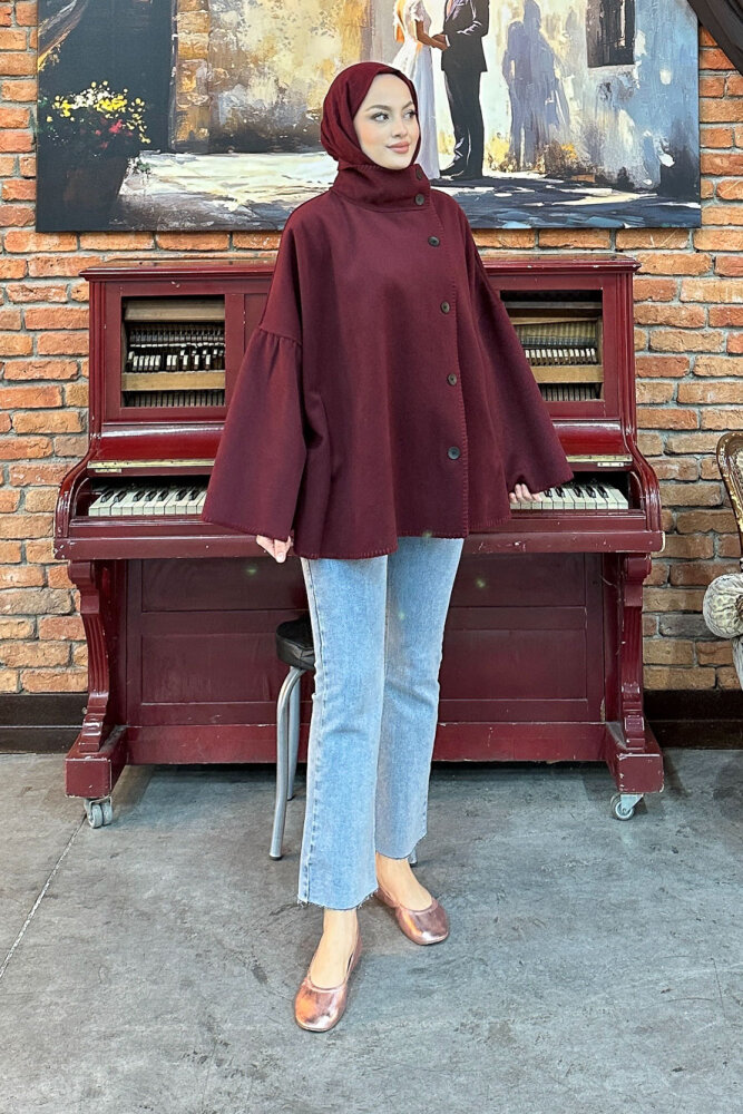 Nua Düğmeli Yırtmaçlı Kısa Kaban - Bordo - 3