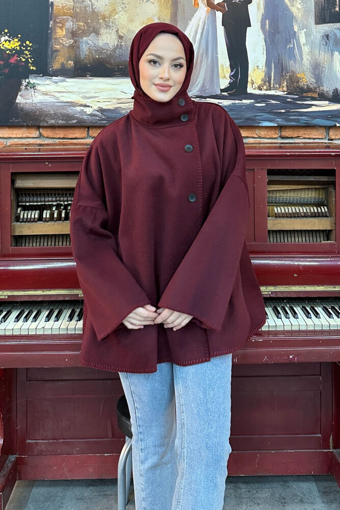 Nua Düğmeli Yırtmaçlı Kısa Kaban - Bordo - 4