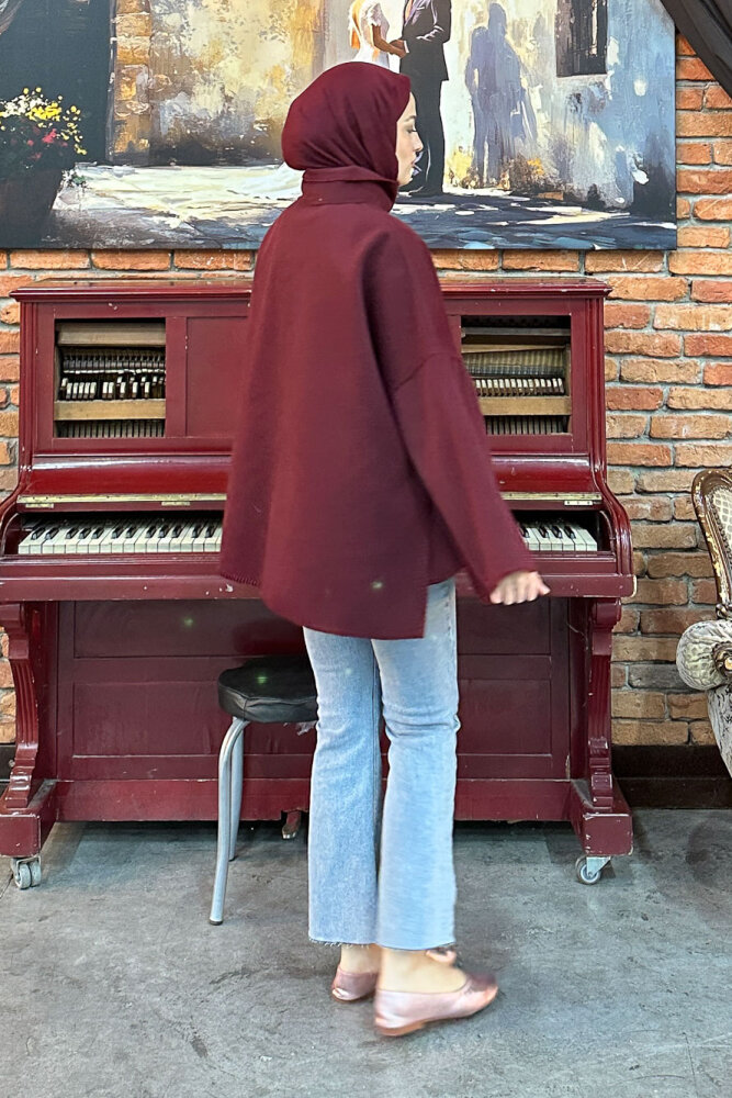 Nua Düğmeli Yırtmaçlı Kısa Kaban - Bordo - ALLMİSS (1)