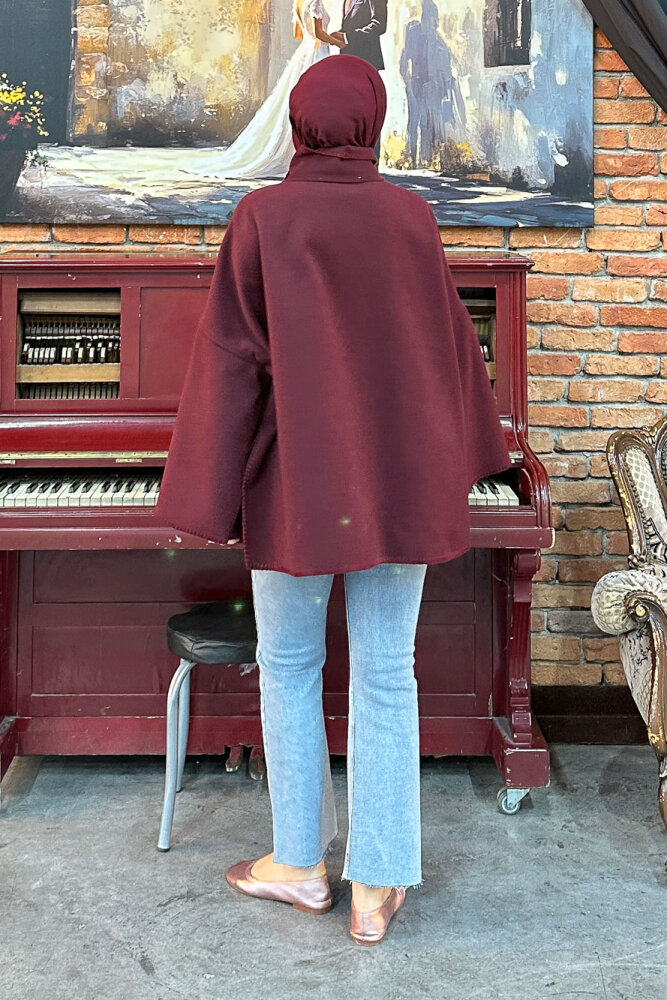 Nua Düğmeli Yırtmaçlı Kısa Kaban - Bordo - 5