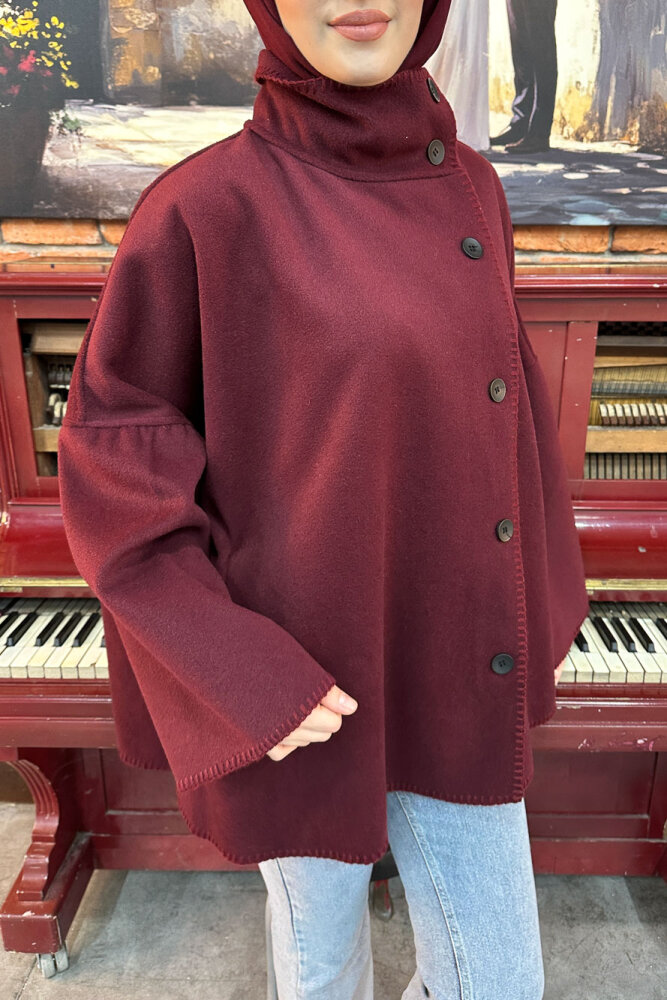 Nua Düğmeli Yırtmaçlı Kısa Kaban - Bordo - 6