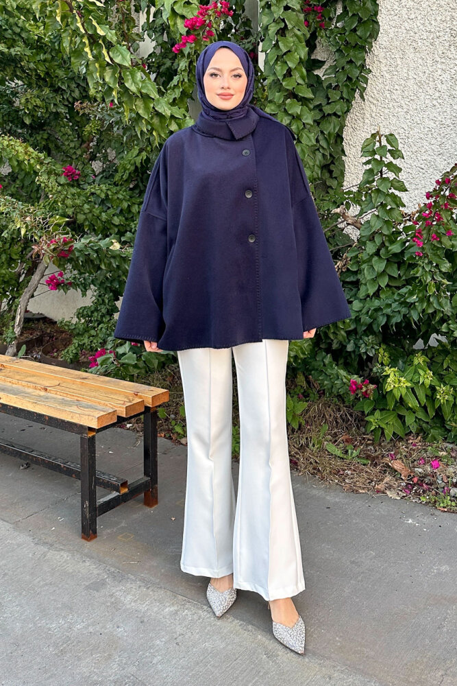 Nua Düğmeli Yırtmaçlı Kısa Kaban - Lacivert - 6