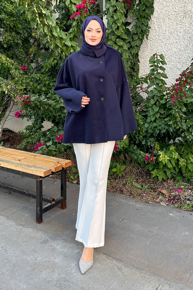 Nua Düğmeli Yırtmaçlı Kısa Kaban - Lacivert - 4