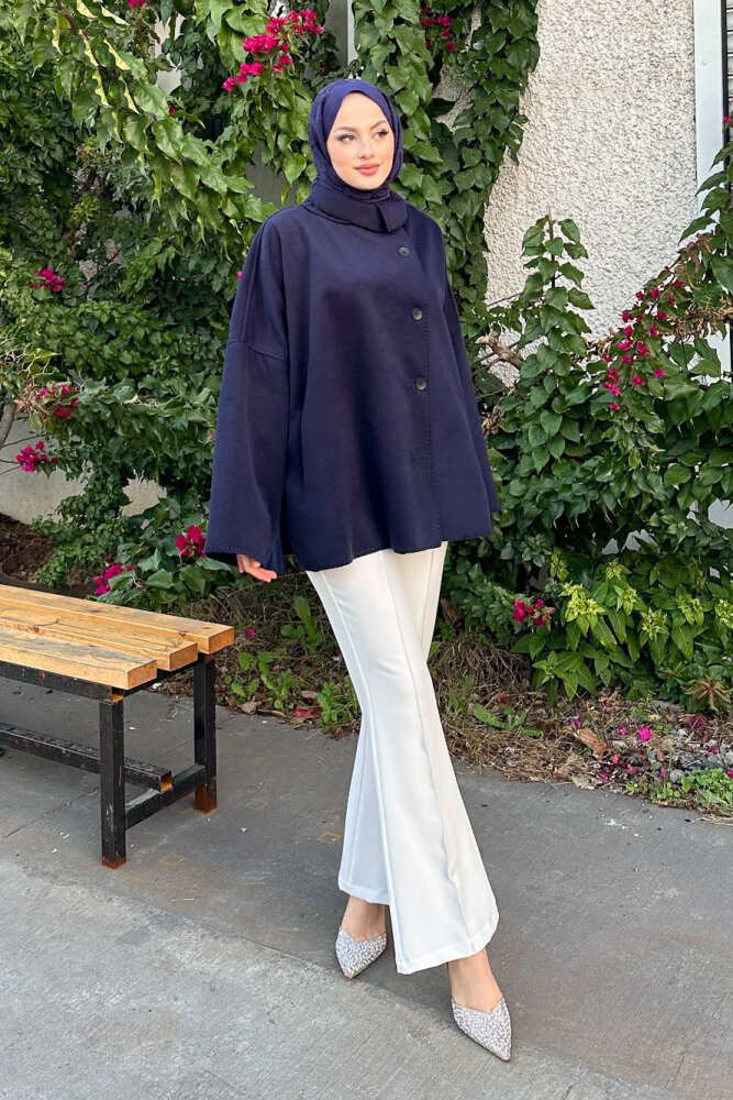 Nua Düğmeli Yırtmaçlı Kısa Kaban - Lacivert - 1