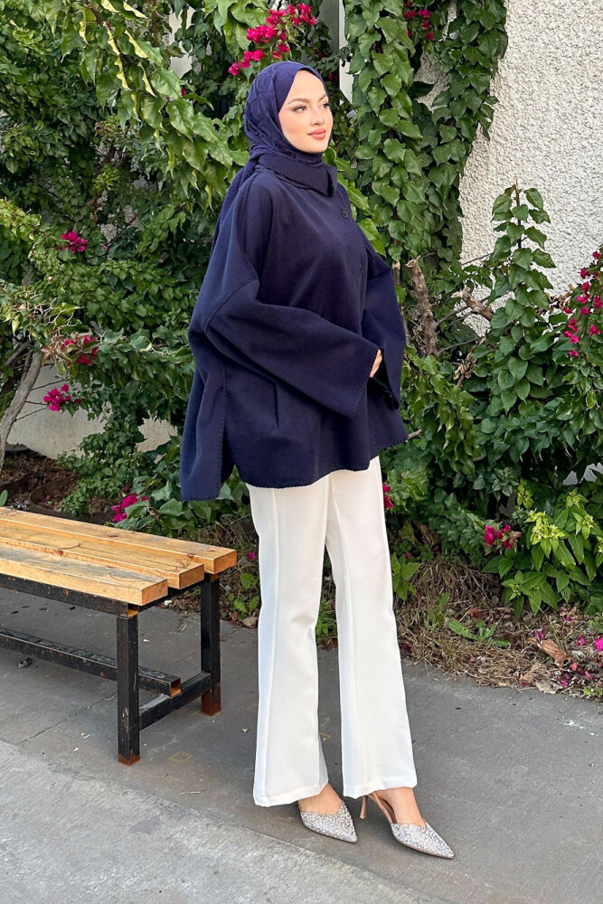 Nua Düğmeli Yırtmaçlı Kısa Kaban - Lacivert - 2