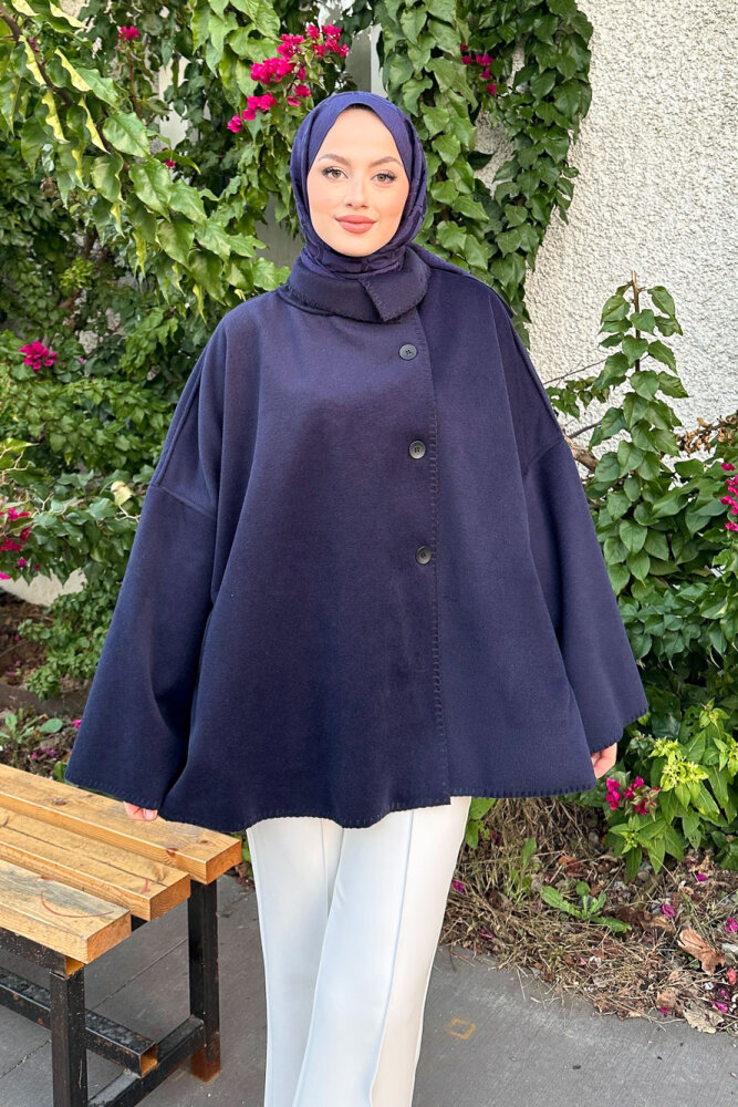 Nua Düğmeli Yırtmaçlı Kısa Kaban - Lacivert - 7