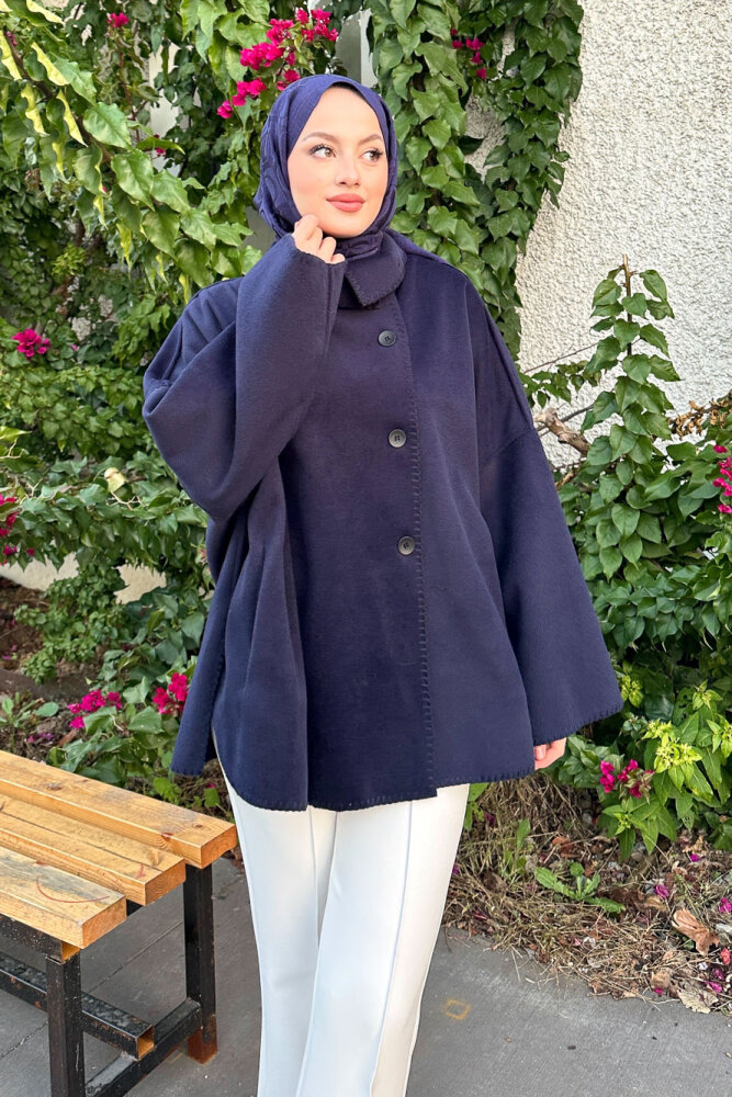 Nua Düğmeli Yırtmaçlı Kısa Kaban - Lacivert - ALLMİSS (2)