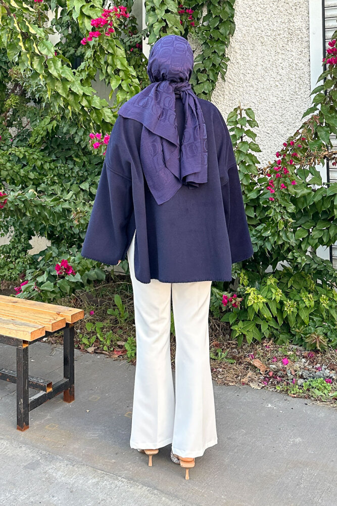 Nua Düğmeli Yırtmaçlı Kısa Kaban - Lacivert - 8