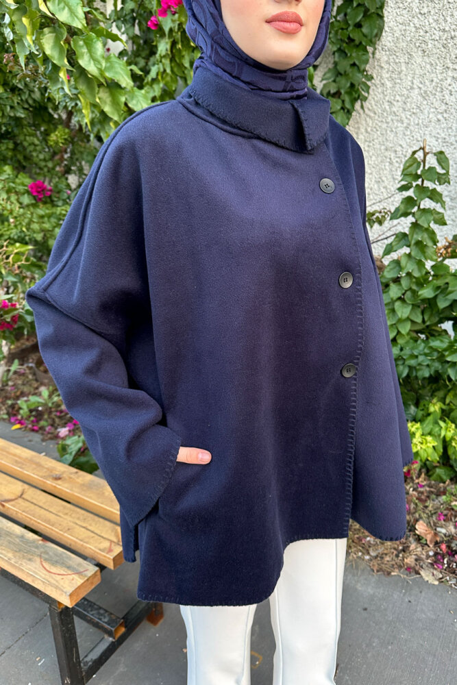 Nua Düğmeli Yırtmaçlı Kısa Kaban - Lacivert - 5