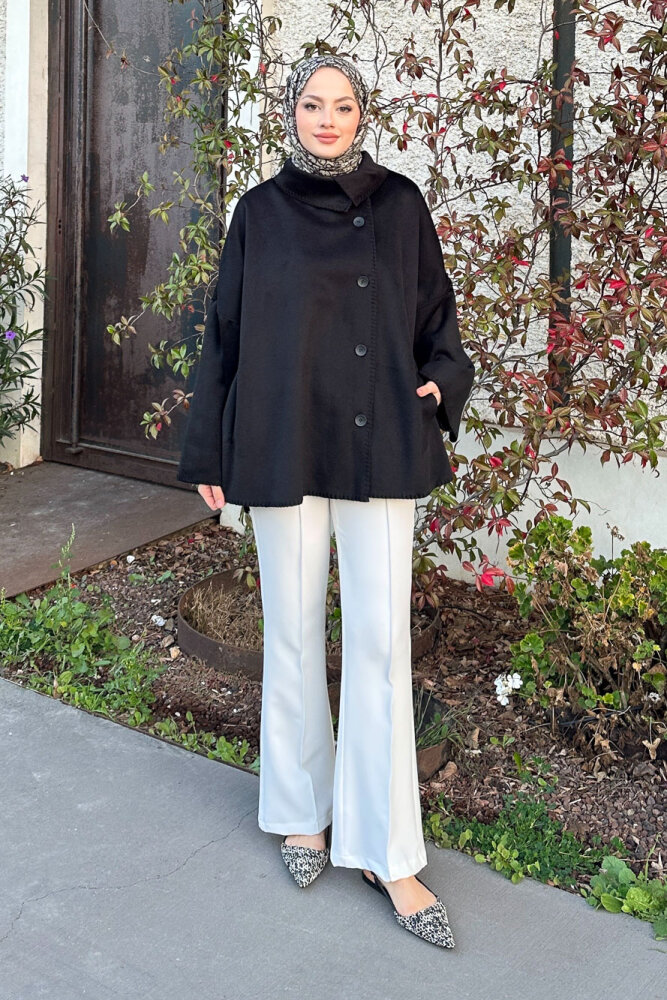 Nua Düğmeli Yırtmaçlı Kısa Kaban - Siyah - 2