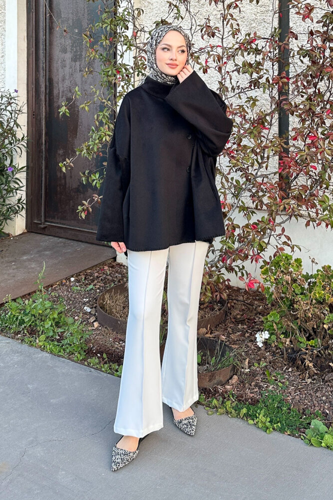 Nua Düğmeli Yırtmaçlı Kısa Kaban - Siyah - 1