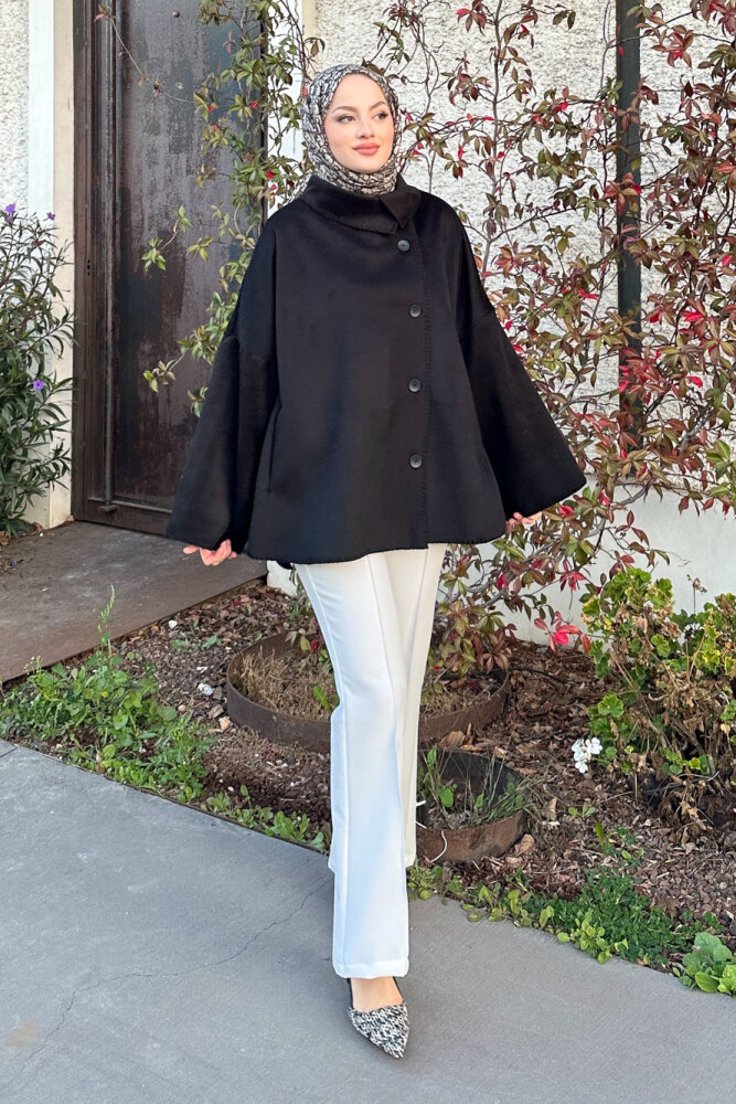 Nua Düğmeli Yırtmaçlı Kısa Kaban - Siyah - 5