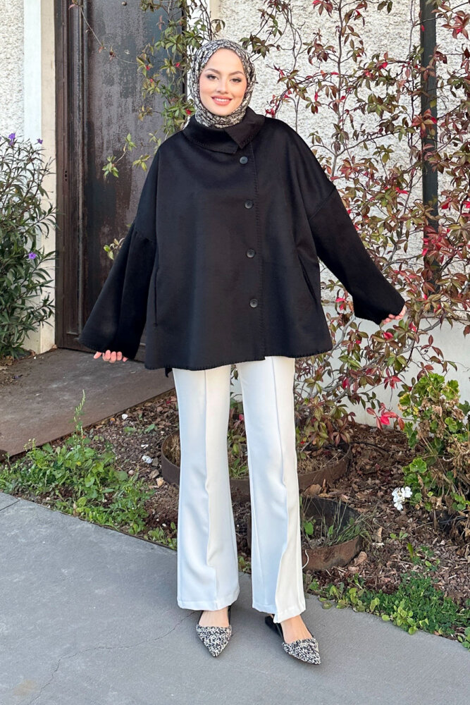 Nua Düğmeli Yırtmaçlı Kısa Kaban - Siyah - ALLMİSS (5)