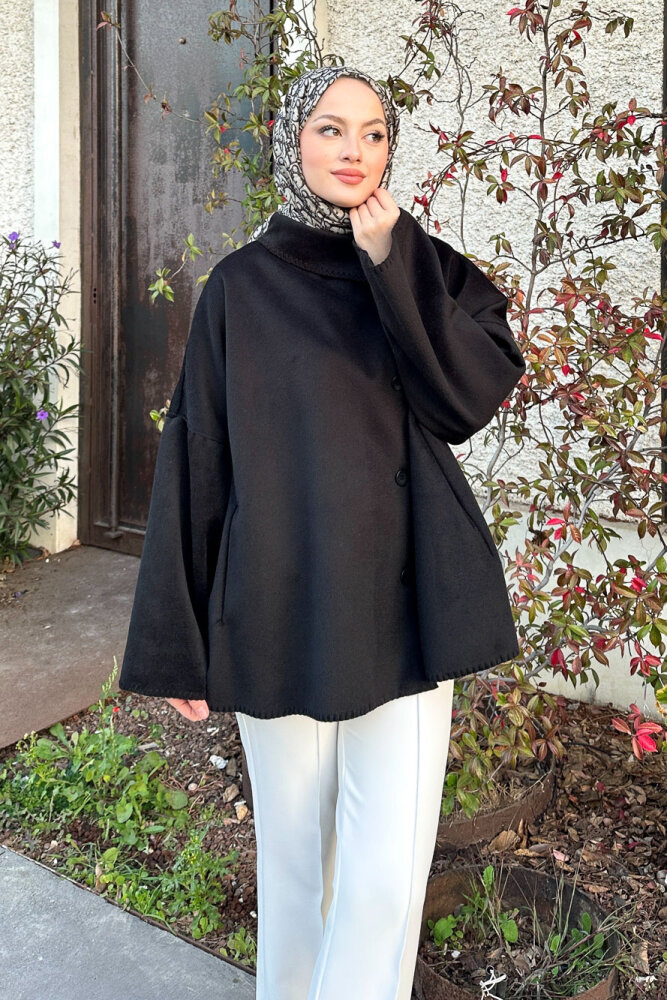 Nua Düğmeli Yırtmaçlı Kısa Kaban - Siyah - 3