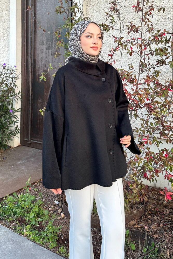 Nua Düğmeli Yırtmaçlı Kısa Kaban - Siyah - 7