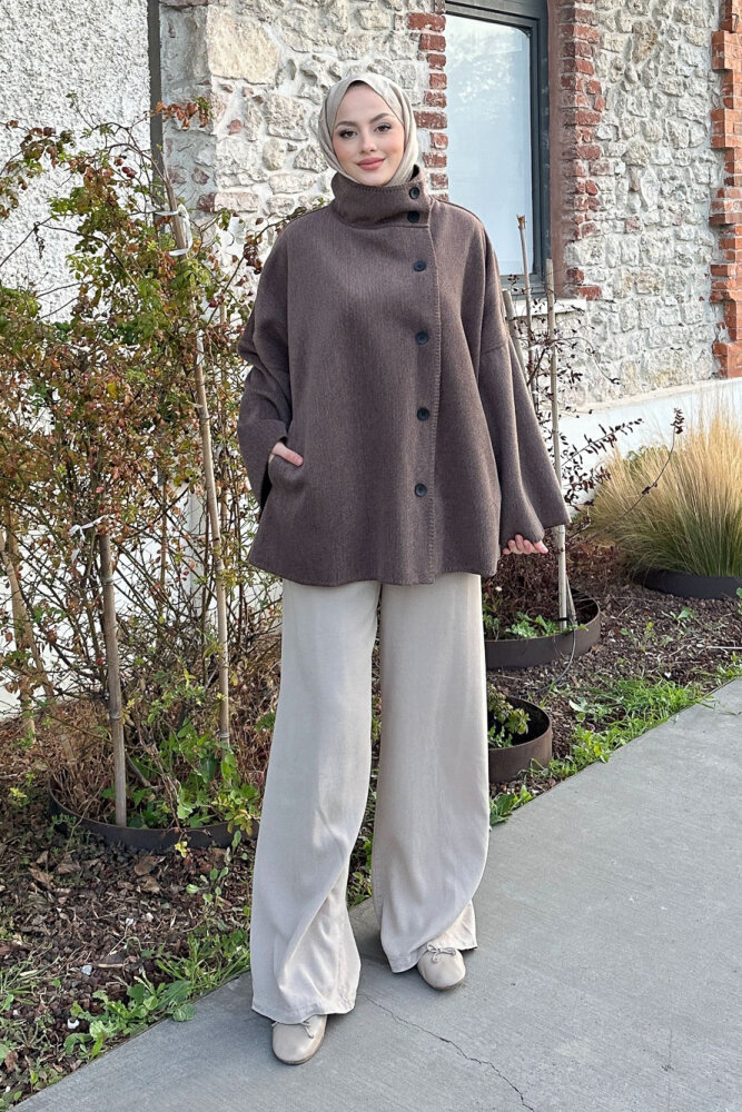 Nua Düğmeli Yırtmaçlı Kısa Kaban - Vizon - 1